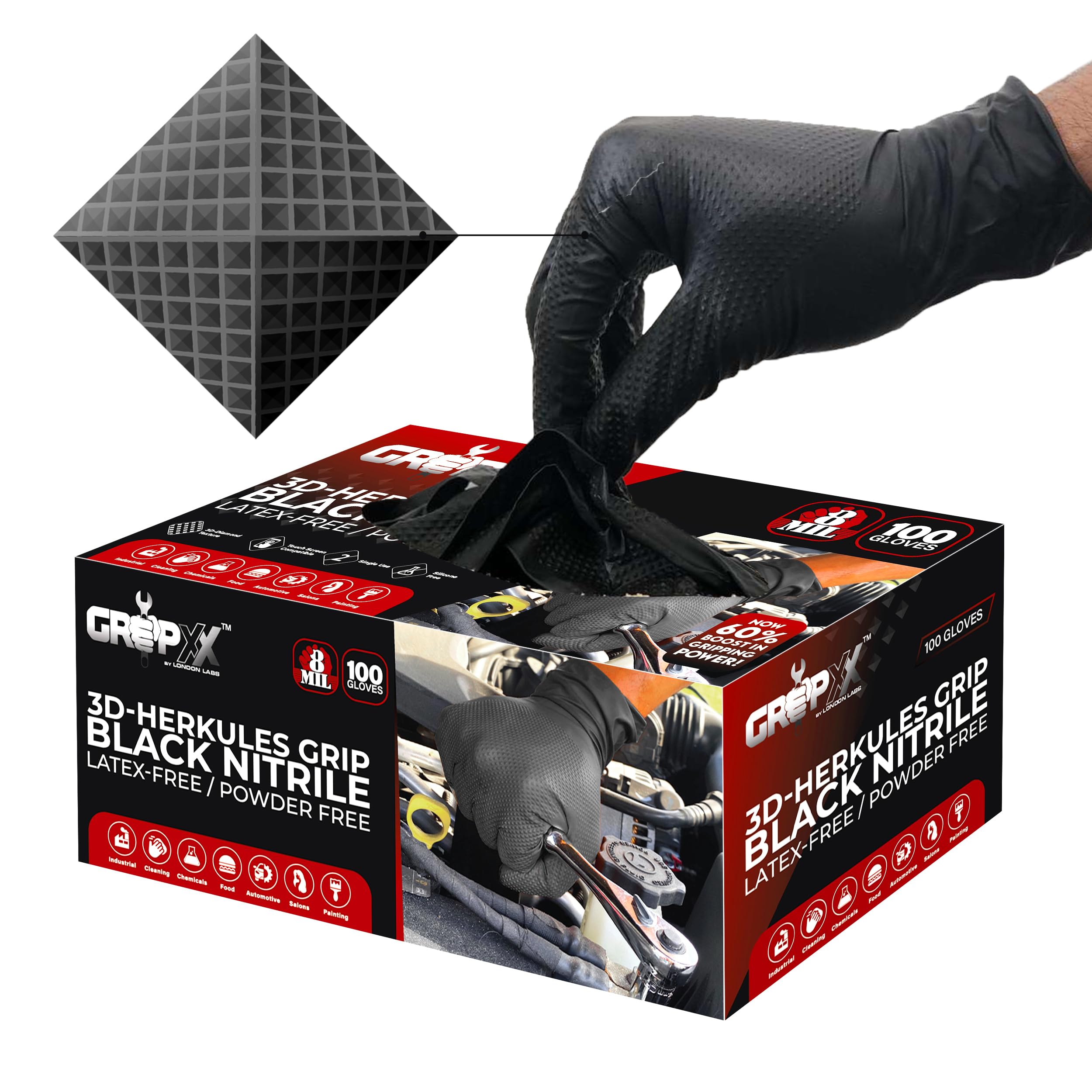 GRIPXX Herkules Grip Heavy Duty 8Mil Black Nitrile Gloves,3D Raised Diamond Texture-Latex & Powder-Free-Industrial, Mechanic (100, X-Large)