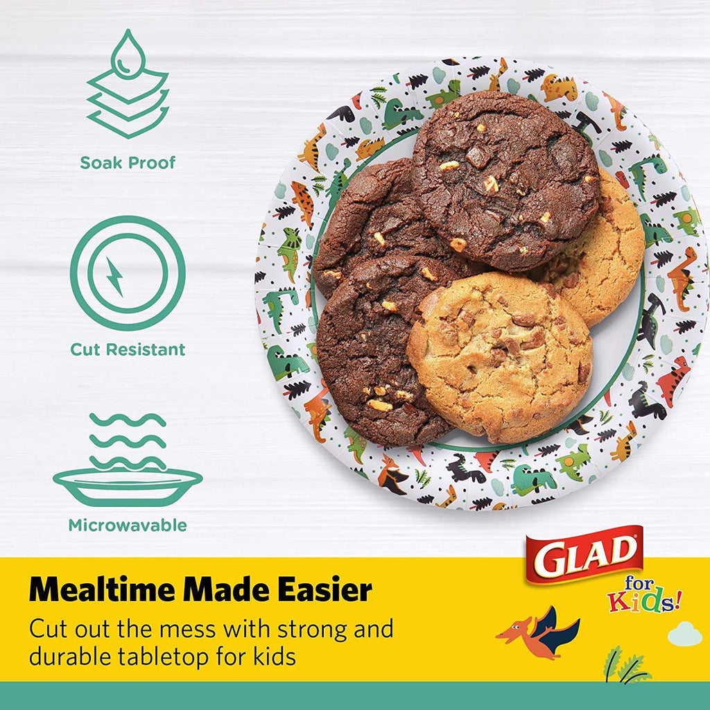Glad for Kids Dinosaur Disposable Paper Plates Heavy Duty Soak Proof Microwave Safe Kids Plates for Snacks Meals and Parties Fun Dino Design Party Pack 7 Inch 20 Count 6 Pack Bulk Party Value