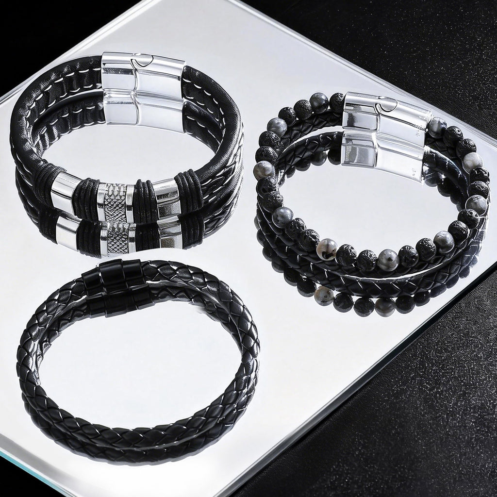 Tiwindx 6 Pcs Leather Bracelet for Men Black Braided Steel Cuff Layered Bracelets Men's Braided Bracelet Set