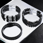 Tiwindx 6 Pcs Leather Bracelet for Men Black Braided Steel Cuff Layered Bracelets Men's Braided Bracelet Set
