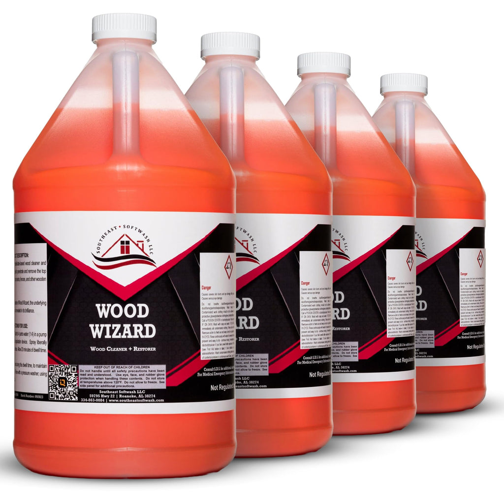 Southeast Softwash Wood Wizard | Heavy Duty Wood Floor Cleaner & Stain Remover | No-Bleach Wooden Floor Cleaner for Decks, Fences, & Docks | Odorless Concentrated Solution (1 Gallon Jug, 4 Pack)