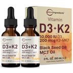 Micro Ingredients 2 Pack Vitamin D3 10000 iu + K2 (MK-7) 200 mcg Drops, 4 fl oz | Plus Black Seed & MCT Oil | 4-in-1 Bone, Immune, & Heart Health Support | Easy Absorption