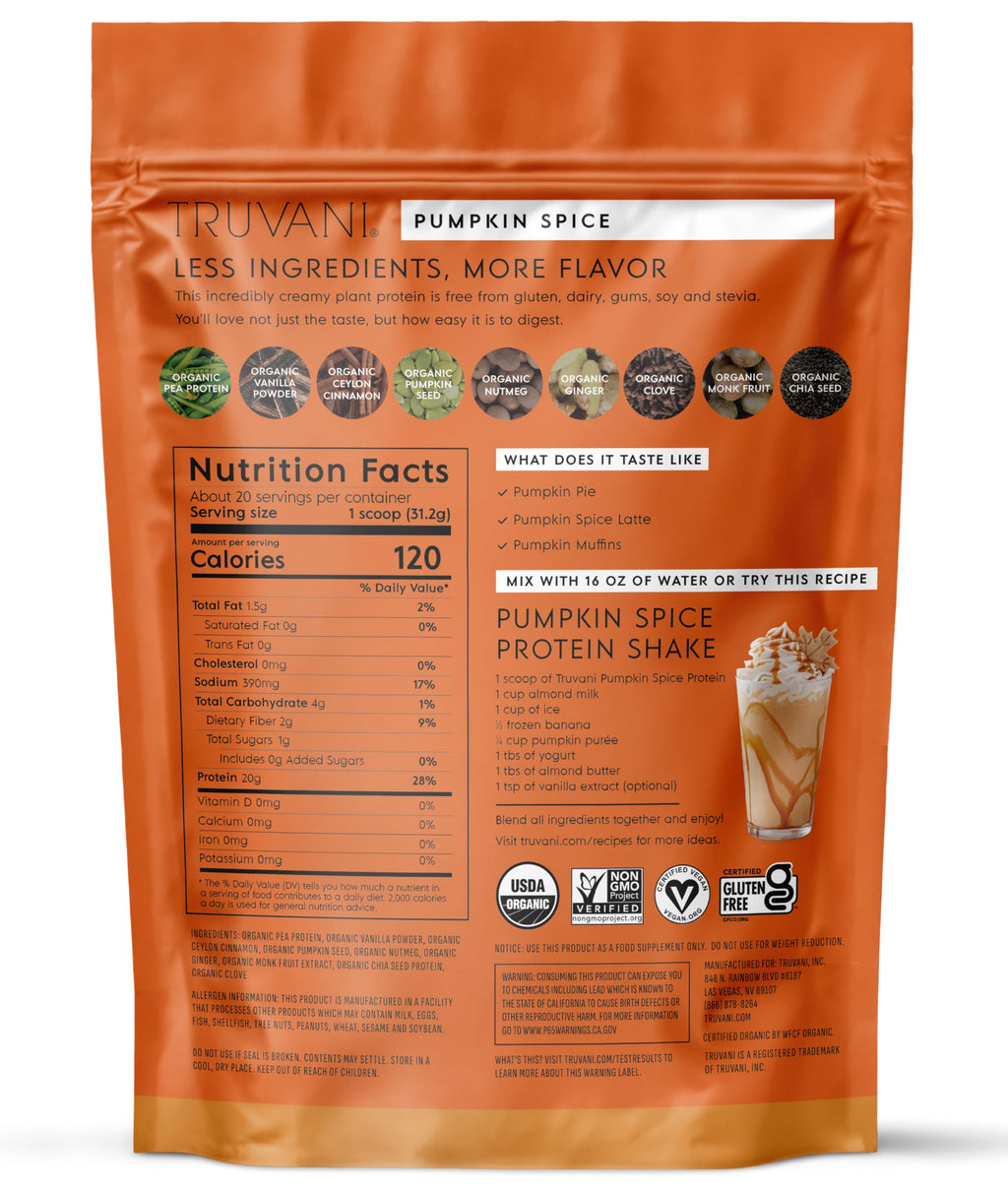 Truvani Vegan Pea Protein Powder | Pumpkin Spice | 20g Organic Plant Based Protein | 20 Servings | Keto | Gluten & Dairy Free | Low Carb | No Added Sugar