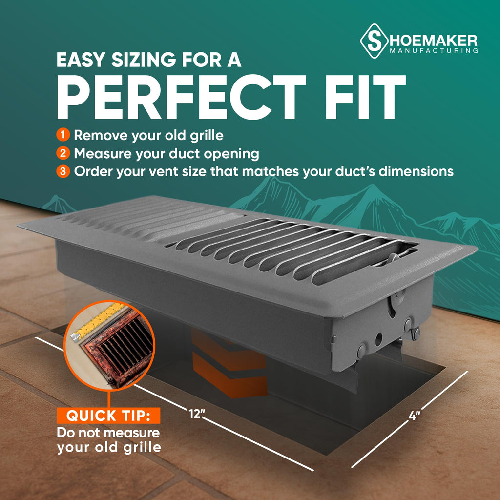 Shoemaker 4x12 Floor Register – Storm Gray Heavy Duty Metal Floor Vent Cover for Home Floors - Premium Forced Air Vent Covers