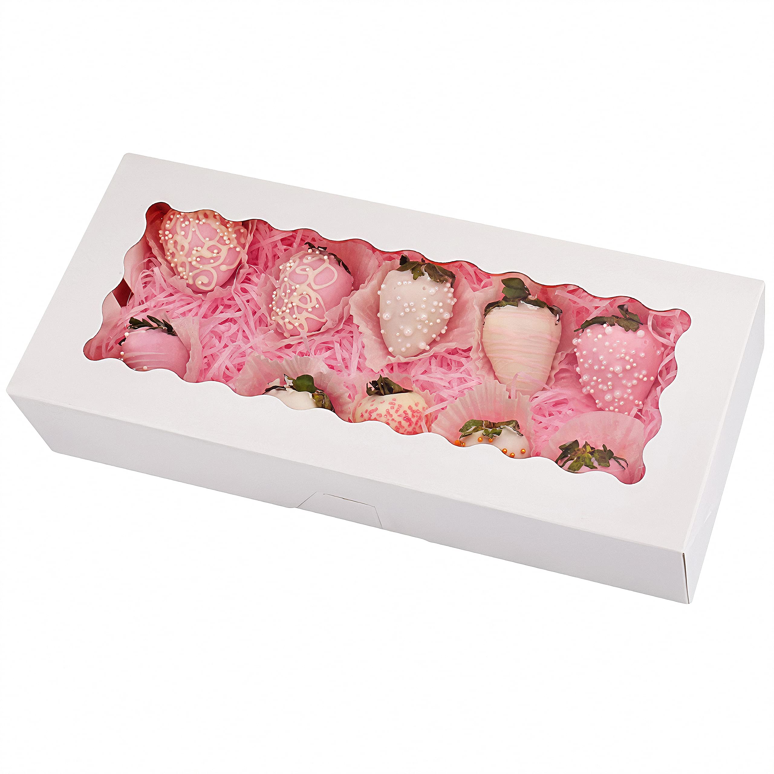 Tcoivs 30-Pack Cookie Boxes 12.5" x 5.5" x 2.5", Bakery Boxes with Window, Auto-Popup Treat Boxes for Pastries (White)