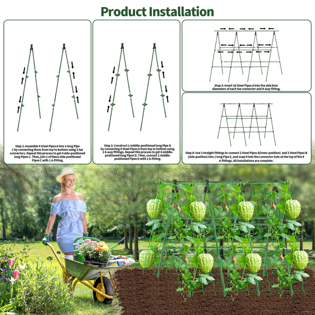 A-Frame Cucumber Trellis for Raised Bed - 47 x 47in, Heavy-Duty Detachable Garden Trellis with Netting & Clips, Support for Climbing Outdoor Cucumber, Tomatoes, Luffa, Bitter Melon, Vining Flowers