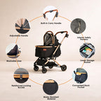 PAWPUBBY 6-in-1 Pet Stroller for Medium Dogs up to 50 lbs, Luxury Black & Gold Dog Stroller with Detachable Carrier, Foldable Travel Cat Stroller, Removable Pet Car Seat, 360° Rotating Wheels