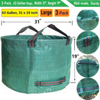 Professional 3-Pack 63 Gallon Lawn Garden Bags Large (D31,H19 inch) Yard Waste Bags W/Gardening Gloves,Standable,Reusable Leaf Bag,Lawn Debris Bin,Garden Trash Container,Plant Trimmings Bag 4 Handles