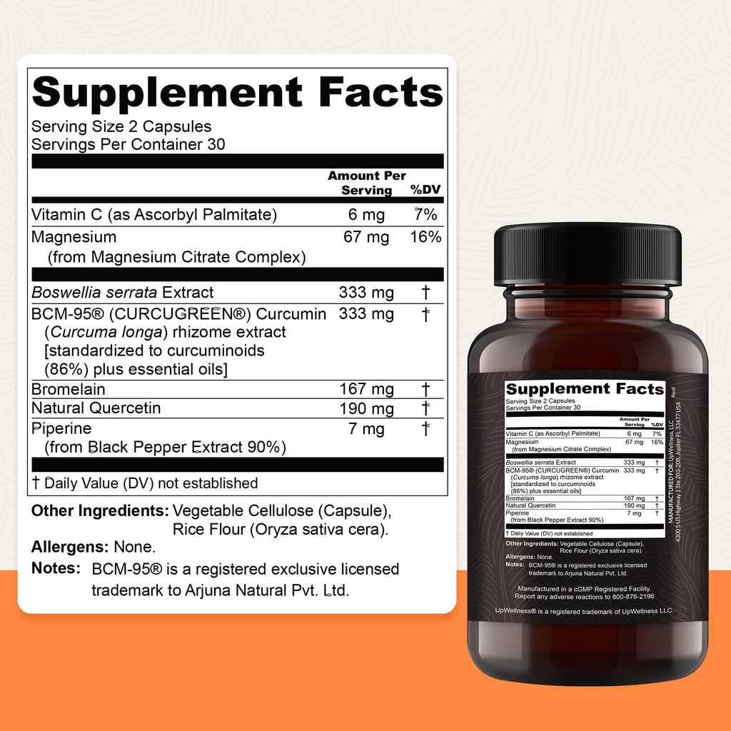 UpWellness Golden Revive + Joint Support Supplement Featuring Turmeric with Black Pepper, Quercetin, and Magnesium- Turmeric Boswellia Supplement - 6 Active Ingredients - 60 Capsules, 5 Pack