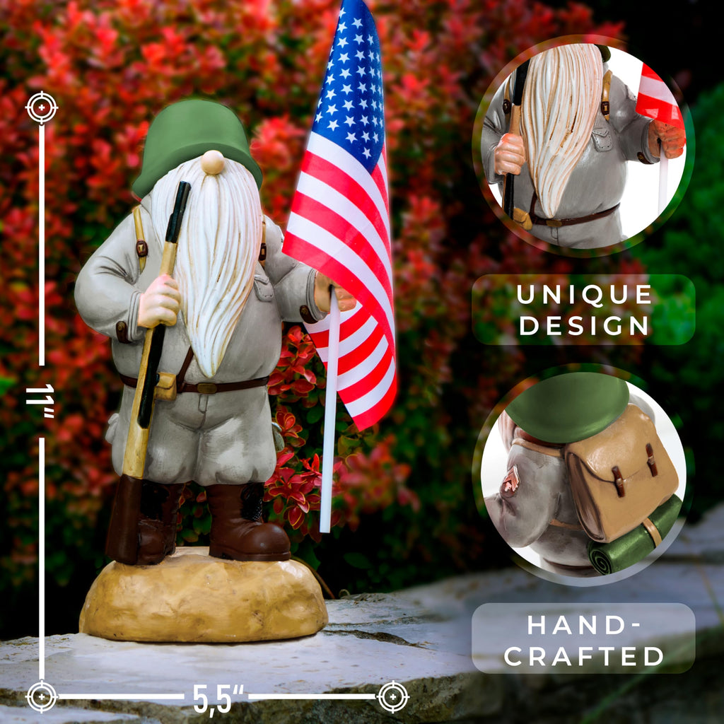 Redwix Patriotic Solar Garden Gnome with American Flag, 11" Resin Armed Garden Gnomes Outdoor Statue, Military Yard Gnome Decor, Gift for 4th of July, Memorial Day, Veterans Day
