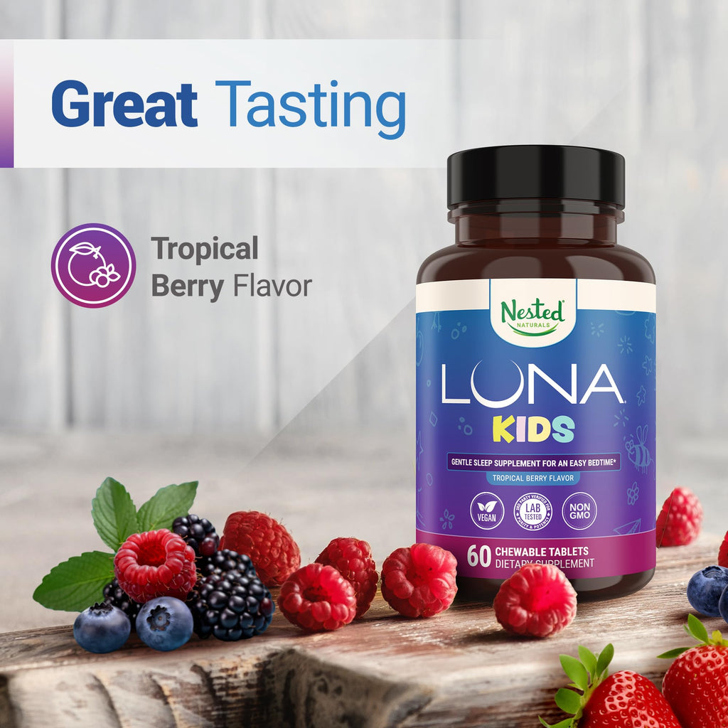 Nested Naturals Luna Kids Sleep Aid Tablets for Children 4+ - Naturally Sourced Ingredients - Gentle, Herbal Sleep Supplement with Chamomile, Melatonin, Valerian & Lemon Balm - 60 Chewable Tablets