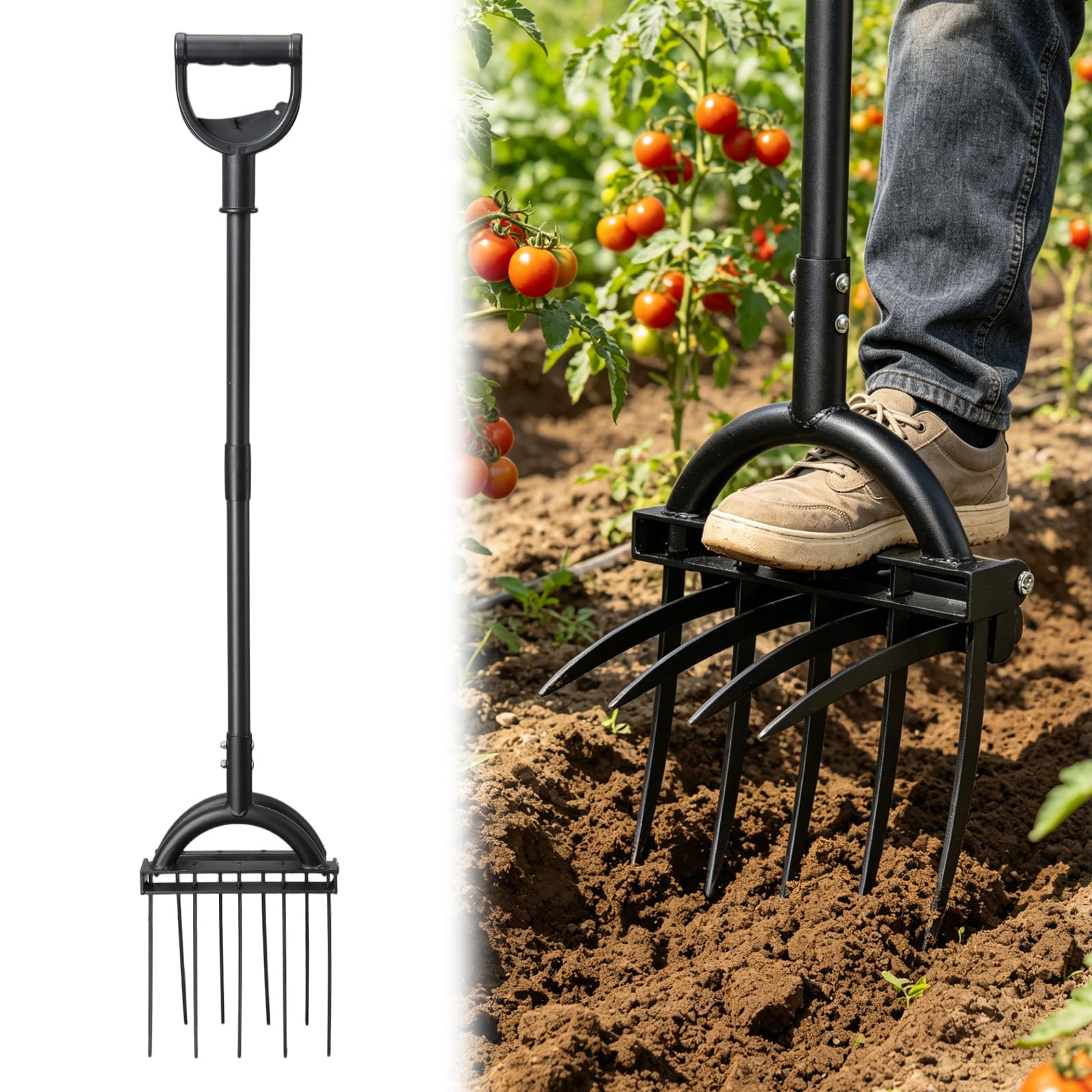 REILEIHODE Broad Fork Garden Tool, 63" Heavy Duty Broadfork Hand Tiller with Double 5+4 Sharp Tines, Garden Pitchfork with Ergonomic D-Shaped Handle, Spading Dig