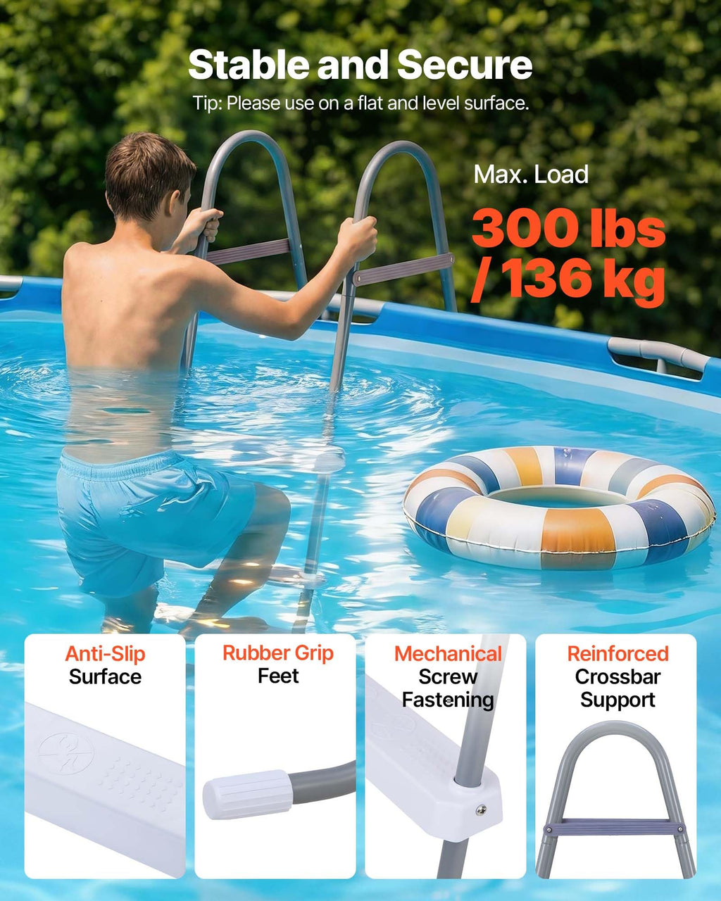 VEVOR Above Ground Pool Ladder, 4-Step Steel A-Frame Swimming Pool Stairs for 48 in High Wall, 300 lbs Capacity Entry/Exit Steps with Secure Non-Slip Sturdy Wide Step, Easy Setup, Gray & White