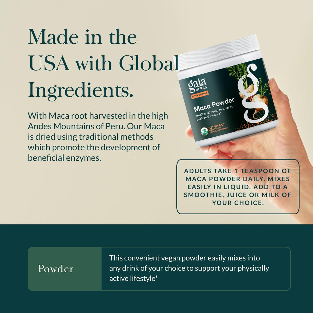 Gaia Herbs Maca Powder - Energy Supplement - Traditionally Used to Support Healthy Energy & Stamina* - Made with USDA Certified Organic Maca Root (Lepidium meyenii) - 8 Oz (69 Servings)