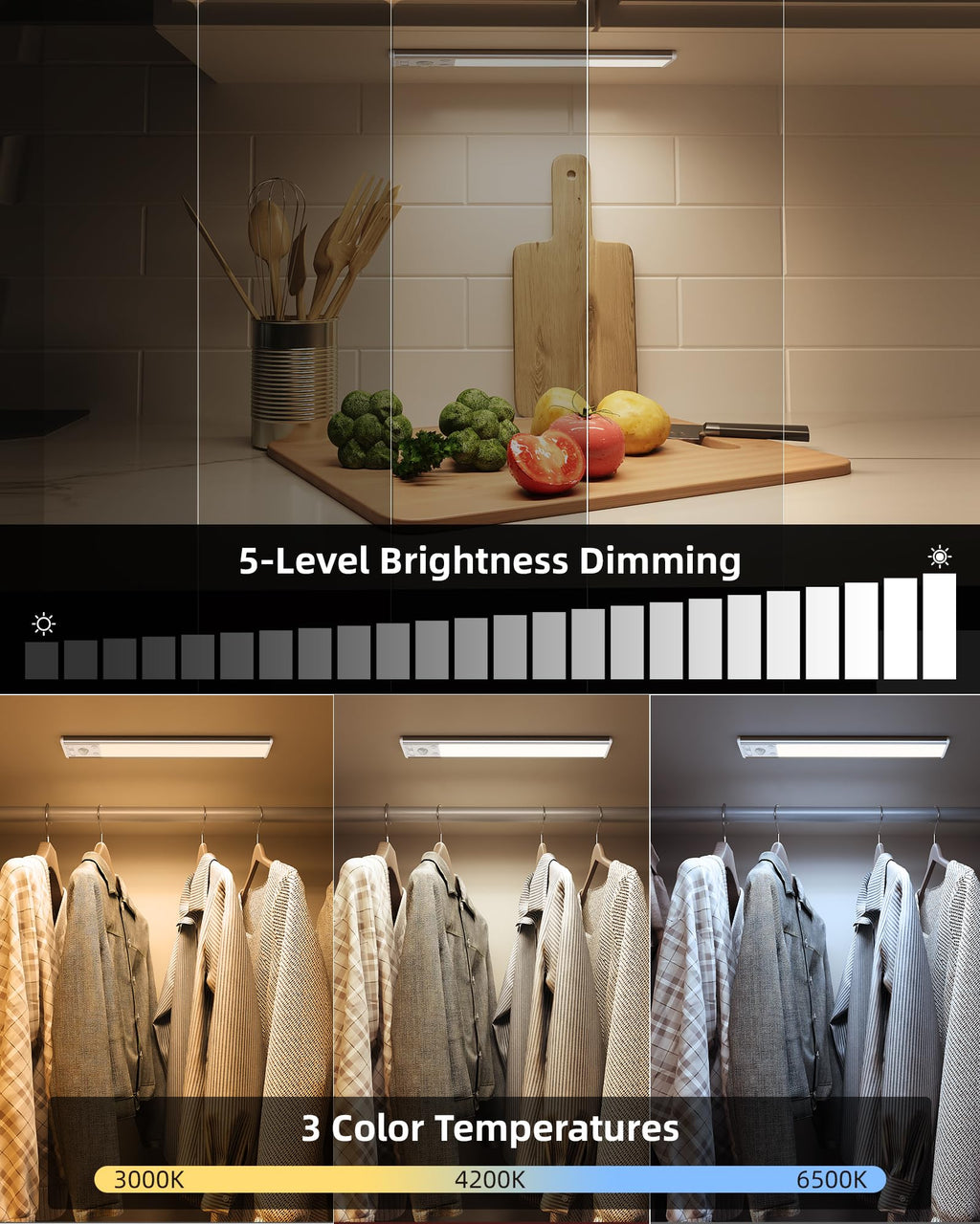 EZVALO 10inch Under Cabinet Lighting, 2500mAh Rechargeable Motion Sensor Lights Indoor with 3 Color Temps, 2 Pack Magnetic Closet Light, 80 LED Dimmable Under Counter Lights for Kitchen, Shelf, Stair