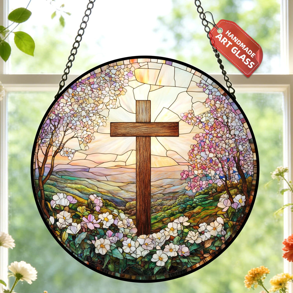 Cross and Wildflowers Stained Glass Sun Catcher Christian Window Hanging