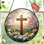 Cross and Wildflowers Stained Glass Sun Catcher Christian Window Hanging