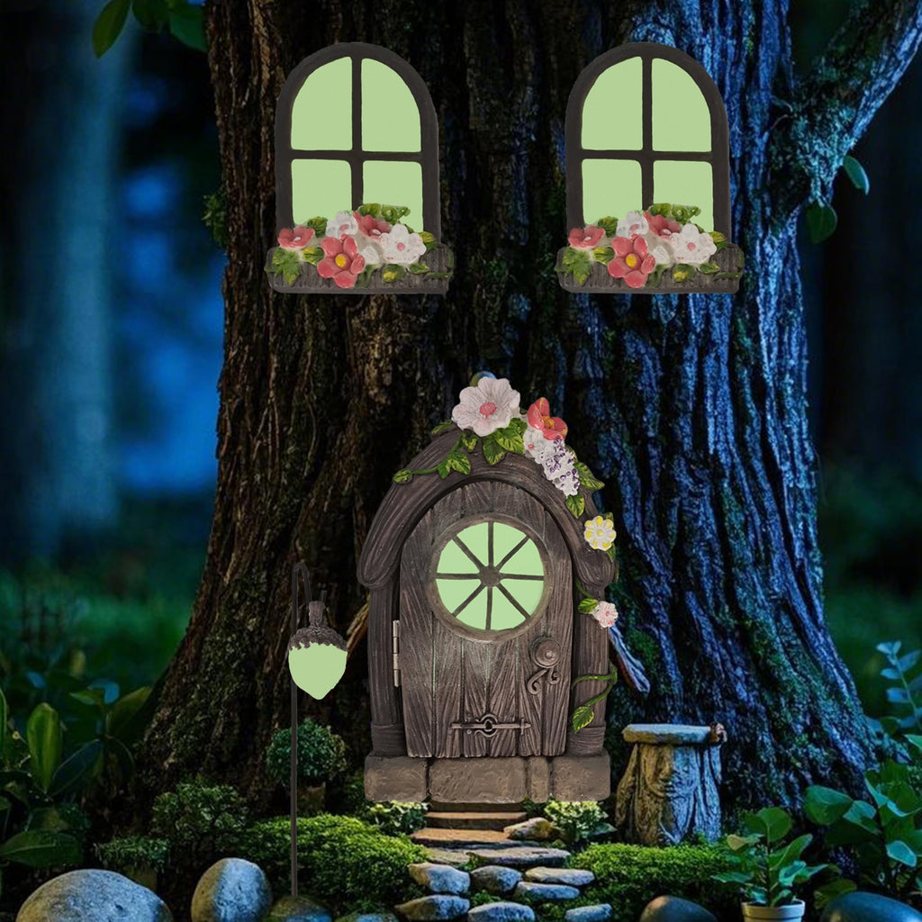 FESTGLOX Fairy Garden Door Windows for Tree Trunk Outdoor, Glow in the Dark