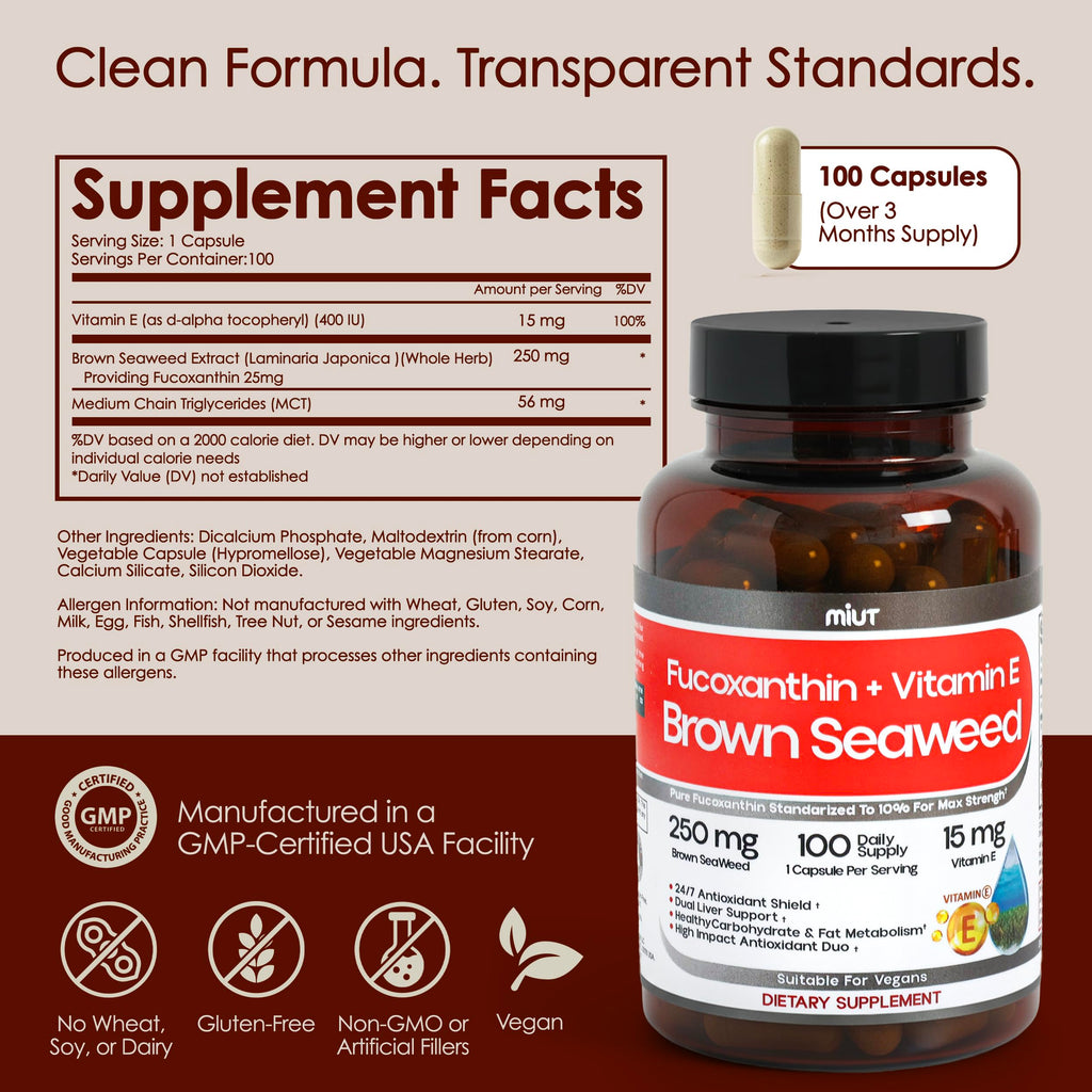 MIUT Fucoxanthin Brown Seaweed Extract Supplement 250mg - 10% Standardized Fucoxanthin w/Vitamin E & MCT Oil, Antioxidant & Metabolic Support - Vegan Marine Carotenoid Formula, Non-GMO - 100 Capsules