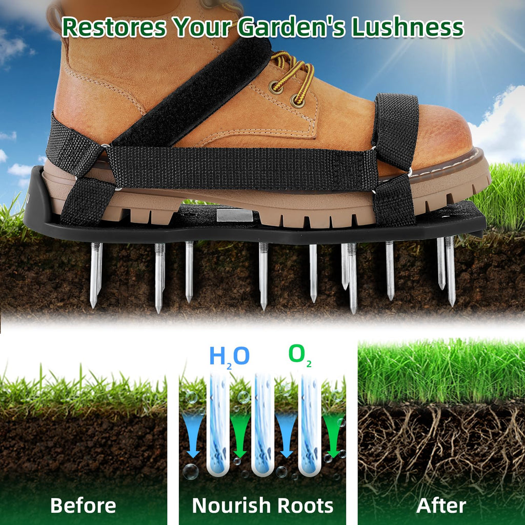 Ohuhu Lawn Aerator Shoes with Stainless Steel Shovel, Free-Installation Aerating Shoe with Hook&Loop Straps, Heavy Duty One-Size-Fits-All Spiked Aerating Sandals for Garden Grass