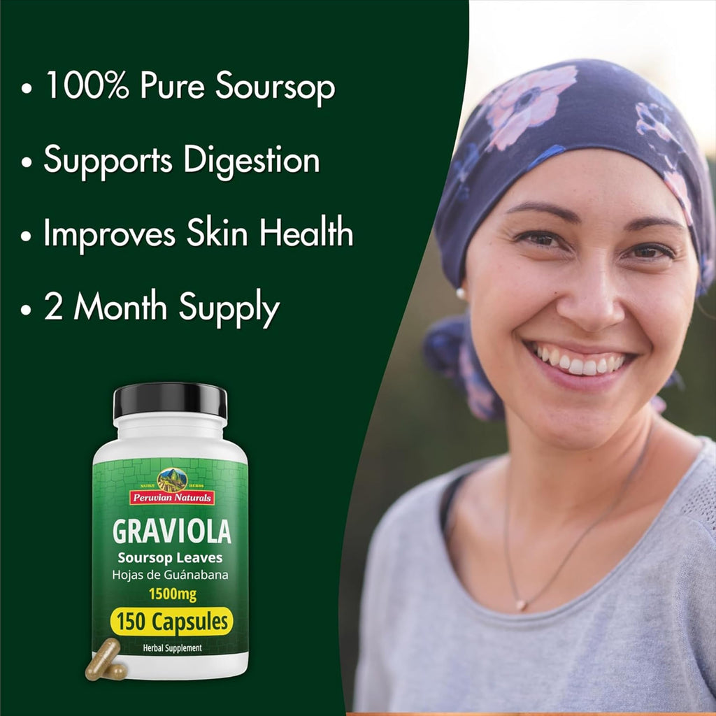 Peruvian Naturals Graviola Capsules, 1500 mg Soursop Leaf Extract from Hojas de Guanabana, Non-GMO, Vegan & Gluten-Free Herbal Supplement, 300 Count