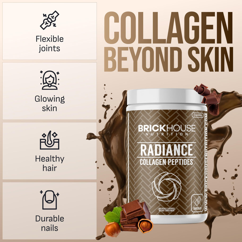 BRICKHOUSE NUTRITION Radiance: Collagen Peptides Powder for Skin & Hair Growth | Anti-Aging Collagen Supplements with Hyaluronic Acid - Chocolate
