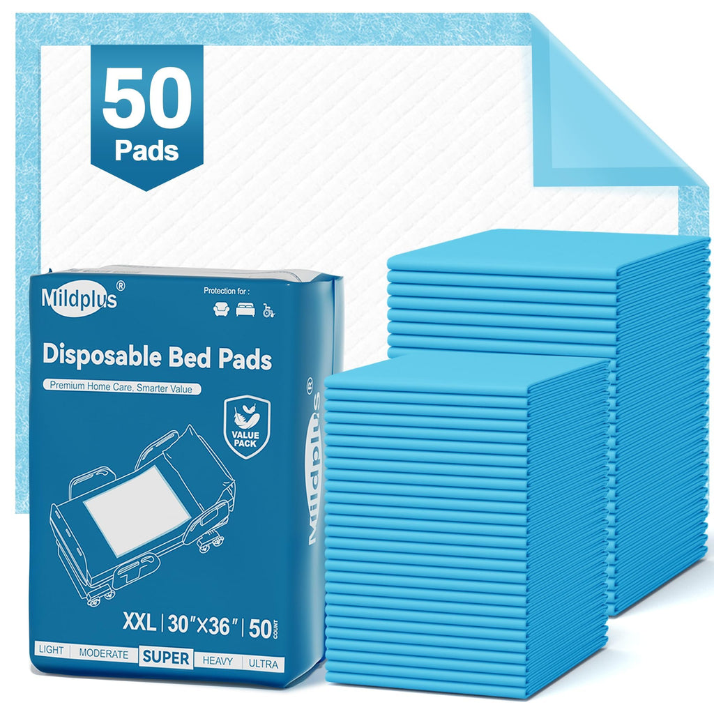 50 Count Disposable Bed Pads 30''X36'' MILDPLUS Super Absorbent Underpads, Disposable Extra Large Chucks Pads Incontinence Pads for Adults and Kids, Dog Training Pads