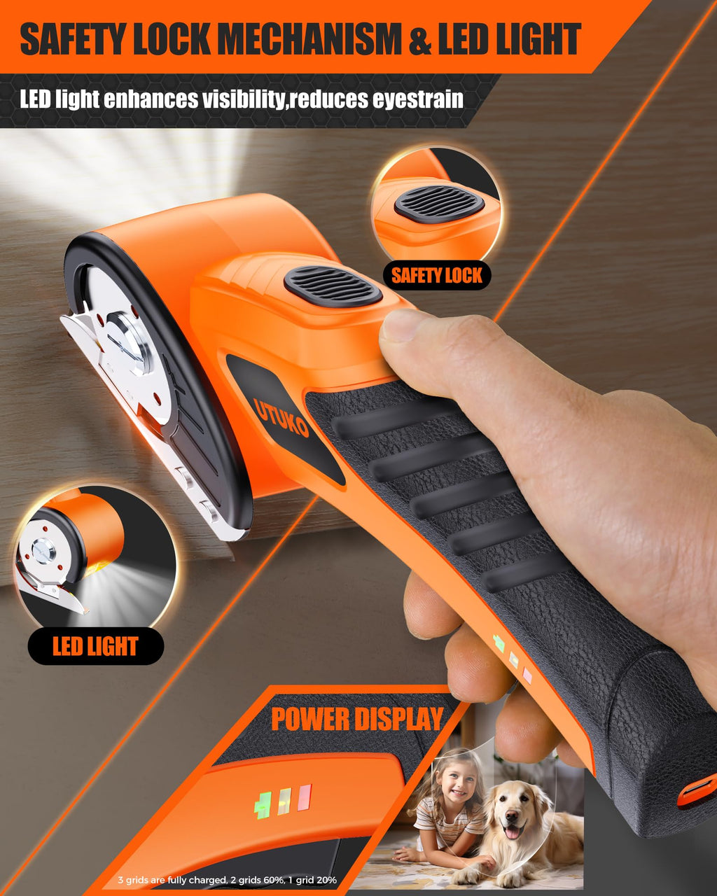 UTUKO Electric Cardboard Cutter – Upgraded High-Power 800RPM Brushless Motor, 3500mAh Cordless Rechargeable Electric Scissors, Heavy Duty Box Cutter for Cardboard, Carton Mat Cutter Blades orange