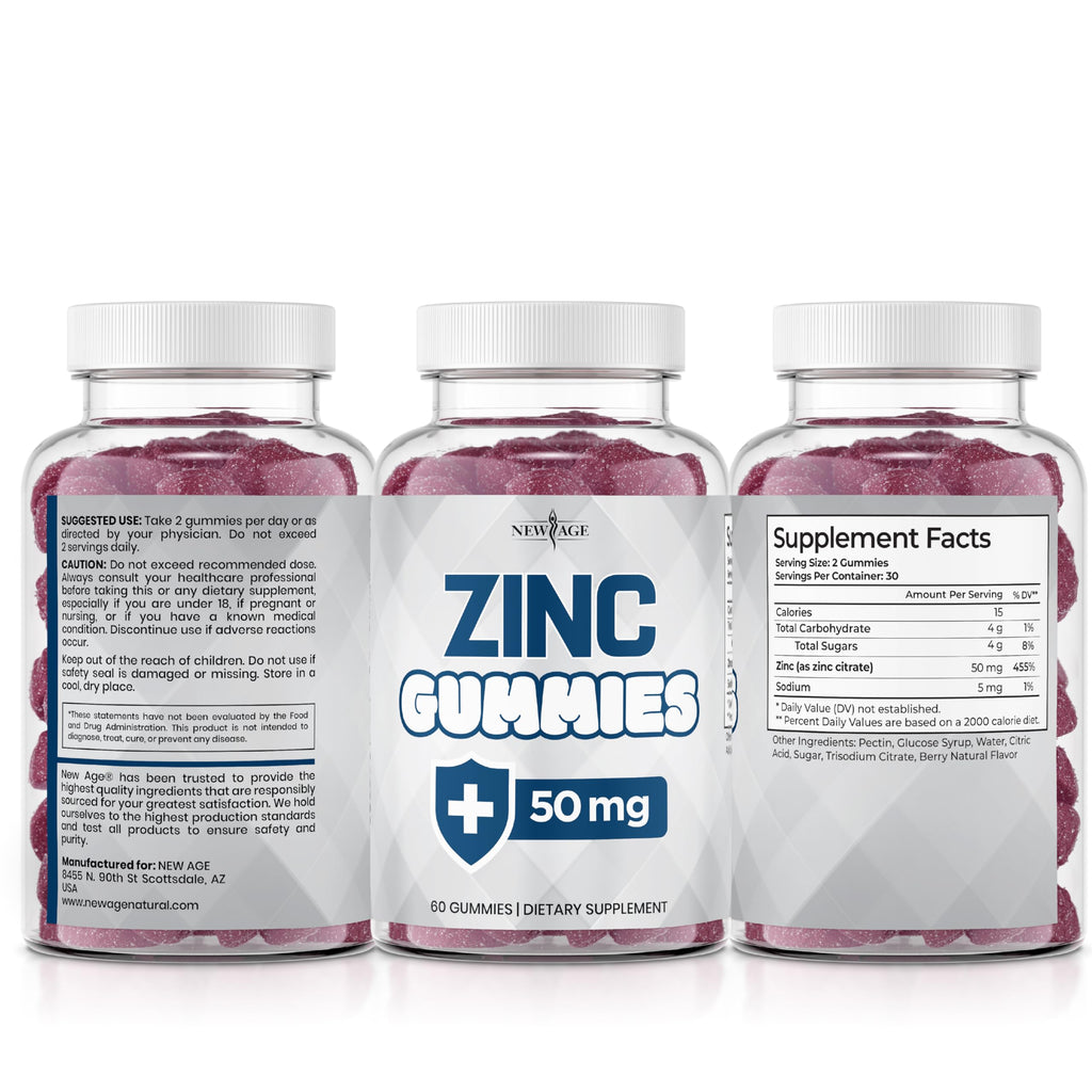 NEW AGE Zinc Gummies - 50mg Zinc Supplement, Immune Supplement, Antioxidant, Non-GMO (180 Count (Pack of 3))