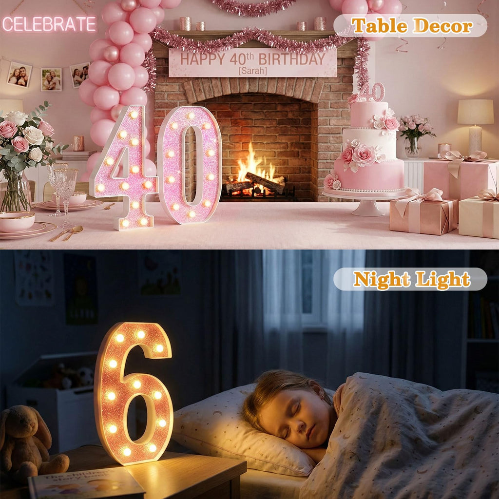 NANXU 12.6 Inch LED Pink Marquee Light Up Numbers, Sweet 70th Birthday Decorations Number Lights as Gifts for Women, Glitter Lighted Marquee Numbers for Pink Anniversary Party Table Decor, 70