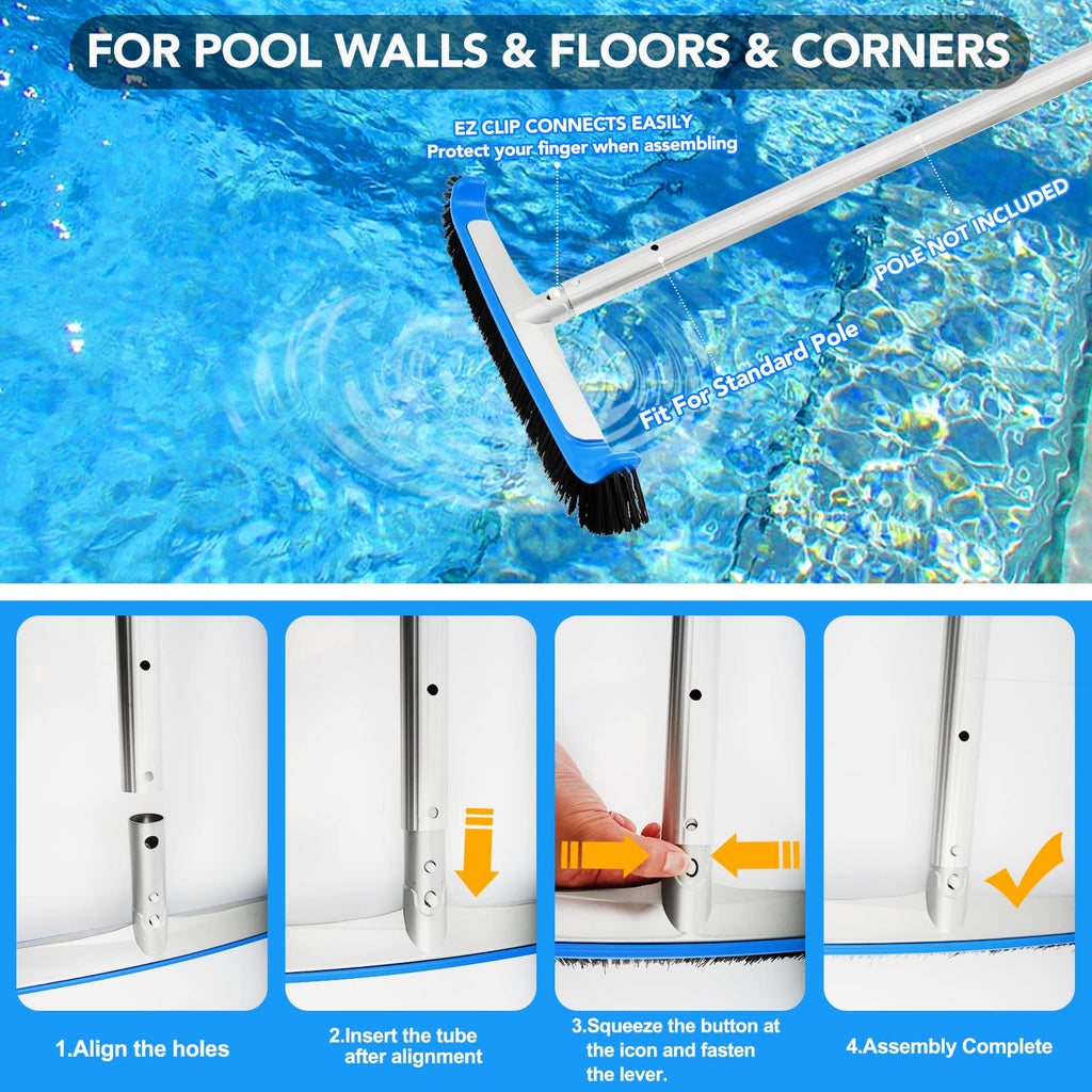 TidyMister Pool Brush 17.5'' Heavy Duty Swimming Pool Brushes for Cleaning Pool Walls & Tiles & Floors & Corners Scrub Brush Head Reinforced Aluminum Back (Pole Not Included)