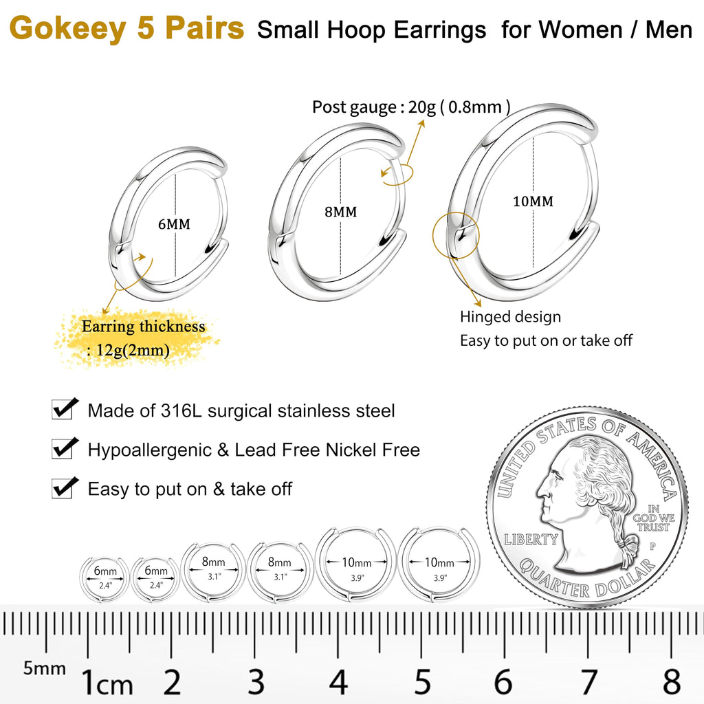 Gokeey 5 Pairs 316L Stainless Steel Small Hoop Earrings Set for Women, Cute Huggie Earrings for Women, Hypoallergenic Tiny Cartilage Earrings Hoop Silver Hoop Earrings for Men Multiple Piercing