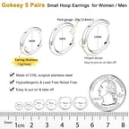 Gokeey 5 Pairs 316L Stainless Steel Small Hoop Earrings Set for Women, Cute Huggie Earrings for Women, Hypoallergenic Tiny Cartilage Earrings Hoop Silver Hoop Earrings for Men Multiple Piercing