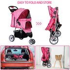 Foldable Pet Stroller for Cats and Dogs 3 Wheels Carrier Strolling Cart with Weather Cover, Storage Basket + Cup Holder (Pink)
