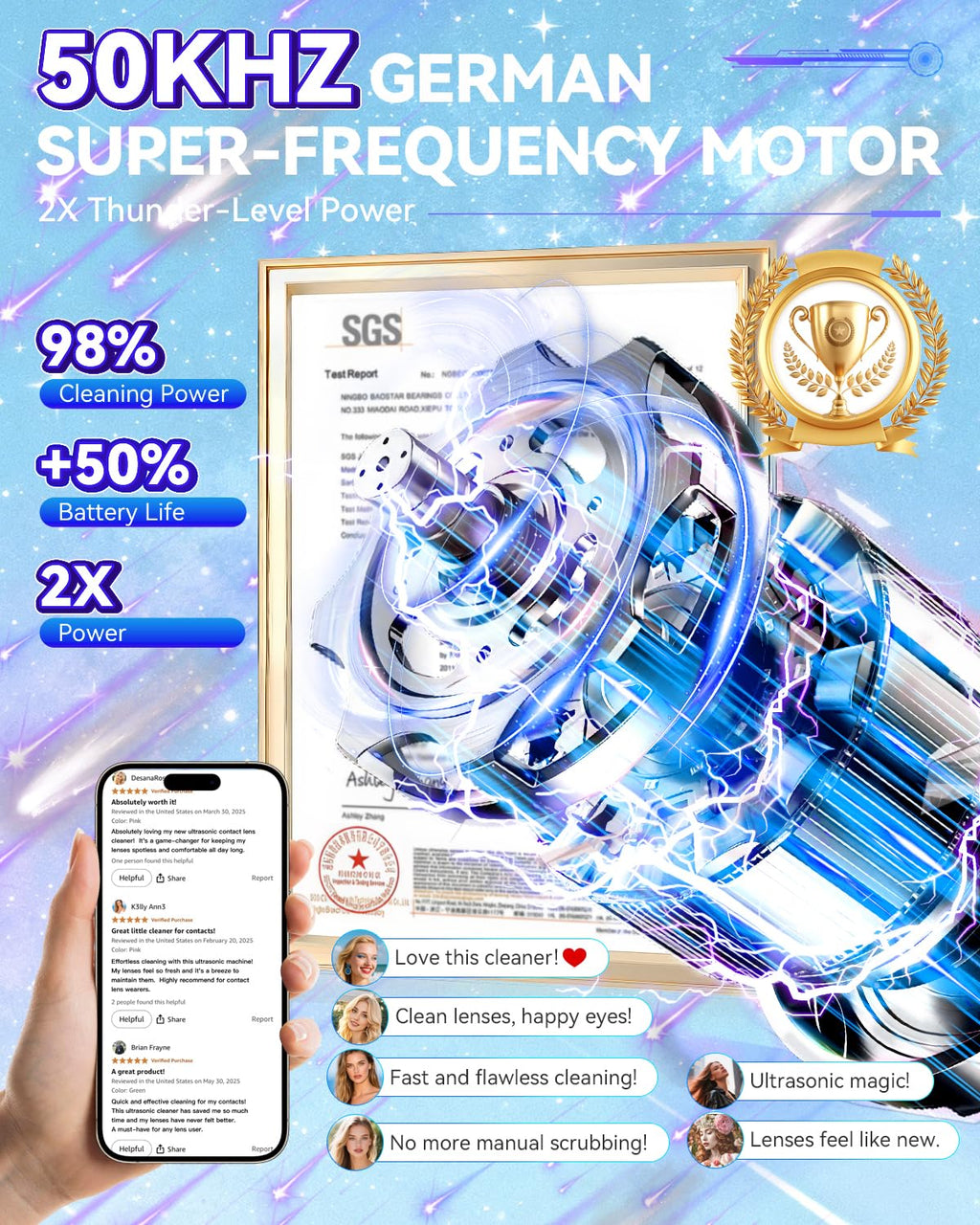 2025 Upgraded Ultrasonic Contact Lens Cleaner【50KHz Germany Super Motor】【Top1 Intelligent Chip-Smart Modes】 Gentle Cleaning & 99% Brightness, Portable Contact Lens Care Tools Home Travel (Blue)