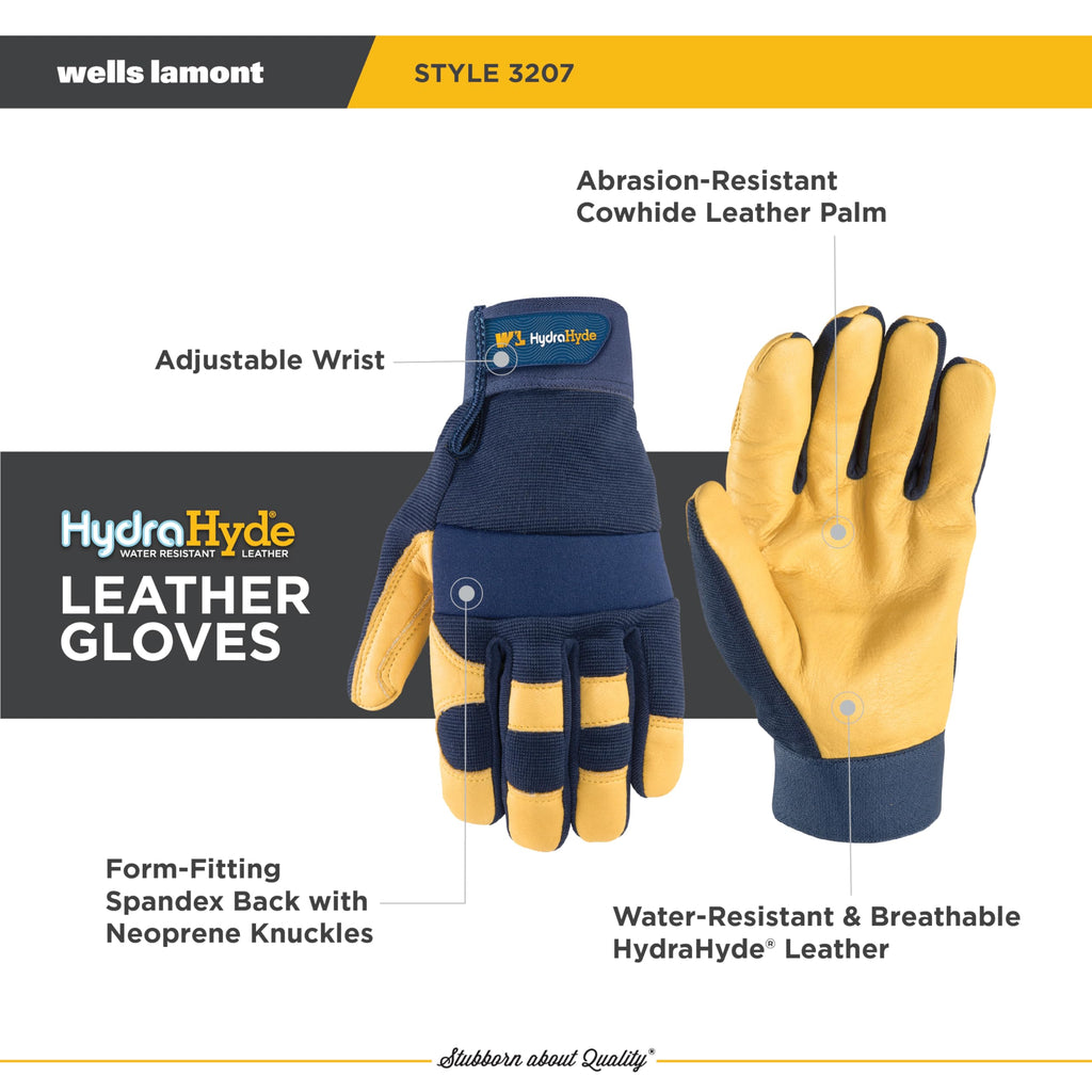 Wells Lamont Men's Leather Palm Work Gloves – HydraHyde Water-Resistant Leather, Flexible Spandex Back, Adjustable Closure – Ideal for Construction, Landscaping, DIY Projects – Blue, X-Large (3207XL)