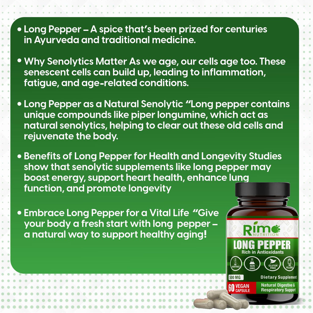 Rimo Nutrition Long Pepper 60 Vegan Capsules Natural Senolytic Supplement Agent – with Piper longumine (500mg)