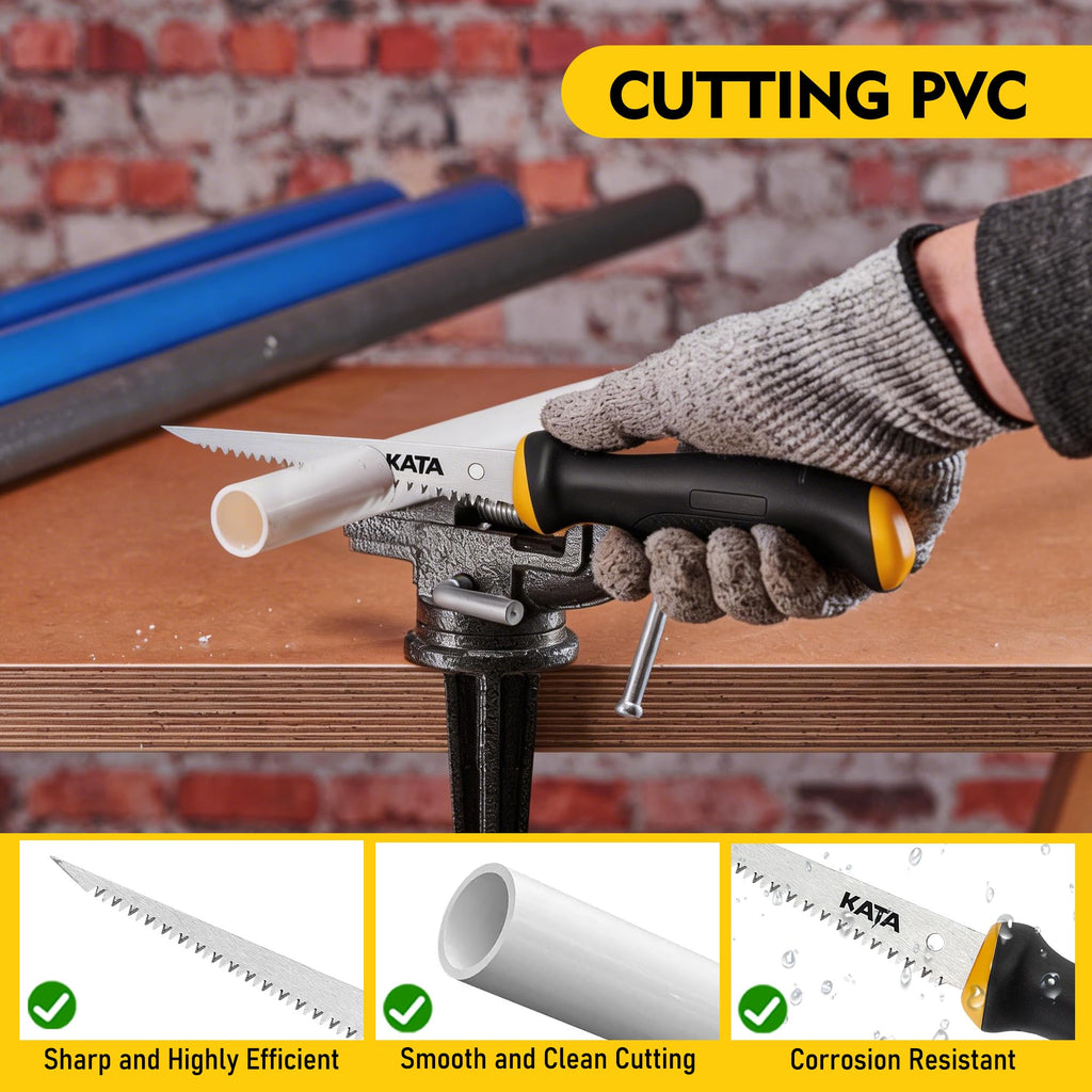 KATA Heavy Duty Hacksaw Frame Set, 12 Inch Hacksaw, 10 Inch Mini Hacksaw & 6 Inch Drywall Jab Saw, 4pc Extra Bi-Metal HSS Blades, 45°/90° Adjustable, Cutting Metal, Wood, PVC