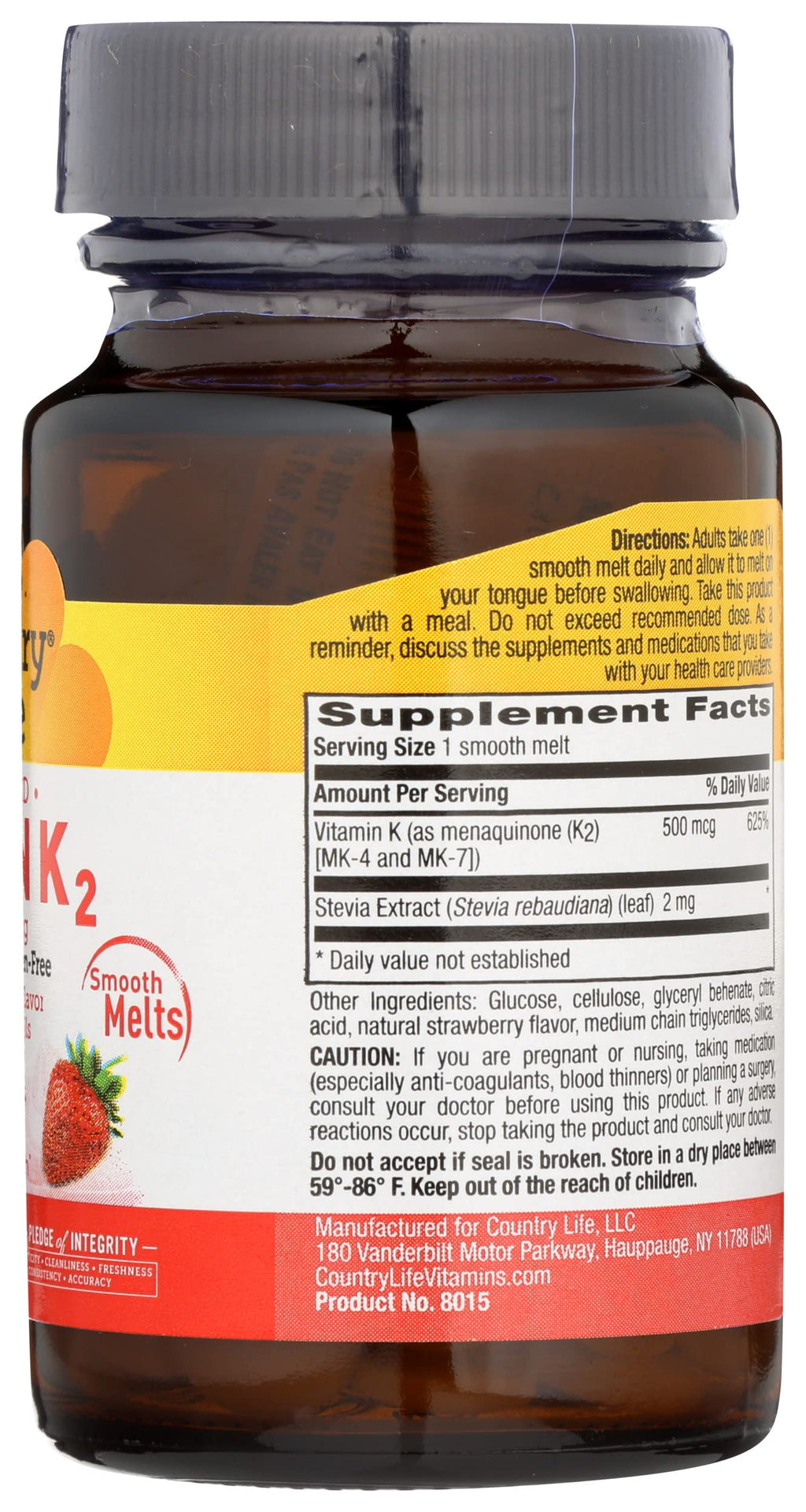 Country Life Vegan K2 Melts 500 MCG, 60 CT