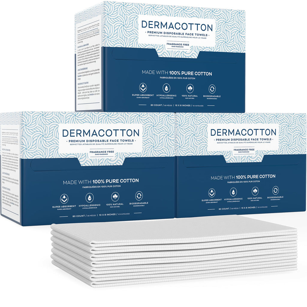 Dermacotton 100% Pure Cotton Face Towels – 240 Count Large Disposable Wash Cloths for Face Washing, Makeup Removal & Acne Care | Ultra Soft, Hypoallergenic & Fragrance-Free