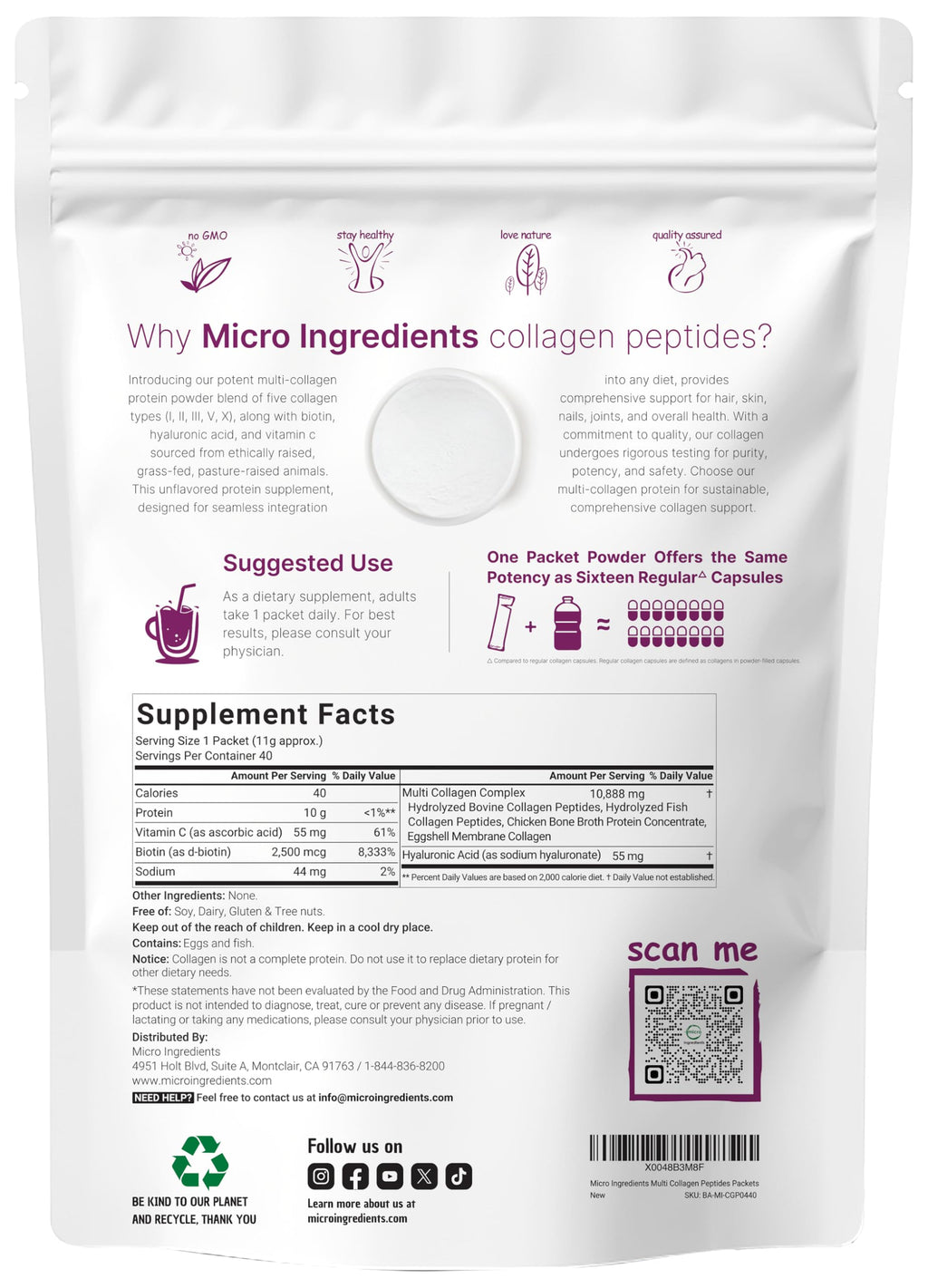 Micro Ingredients Multi Collagen Peptides Powder, 40 Stick Packs | Type I, II, III, V, X + Biotin, Vitamin C & Hyaluronic Acid | Unflavored | Supports Hair, Skin & Joint Health | Keto, Non-GMO