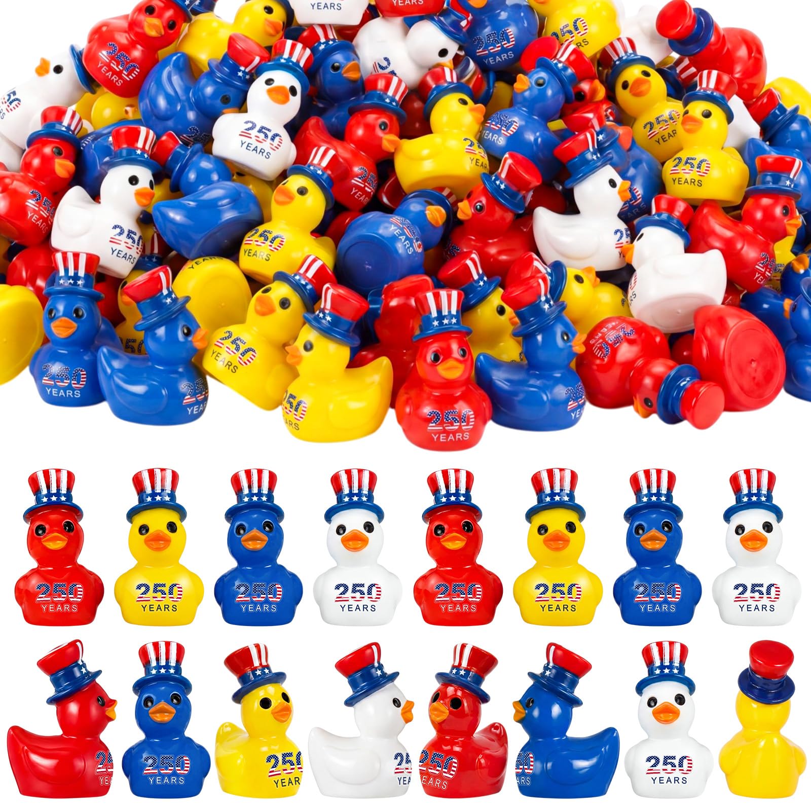 Skylety 100 Pcs Patriotic Mini Ducks 4th of July Independence Day Party Decor 250th Anniversary Red White Blue Ducks with Glue Points Garden Potted Miniature Cake Decoration Craft Patriotic Collectors