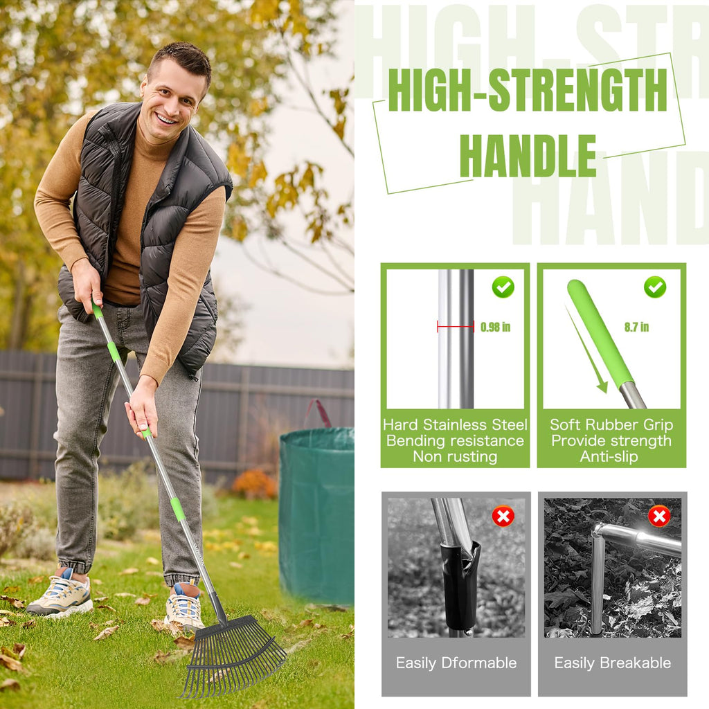 65 Inch 25 Tines Metal Leaf Rake Set with 32 Gal Bags Scoops, 18in Wide