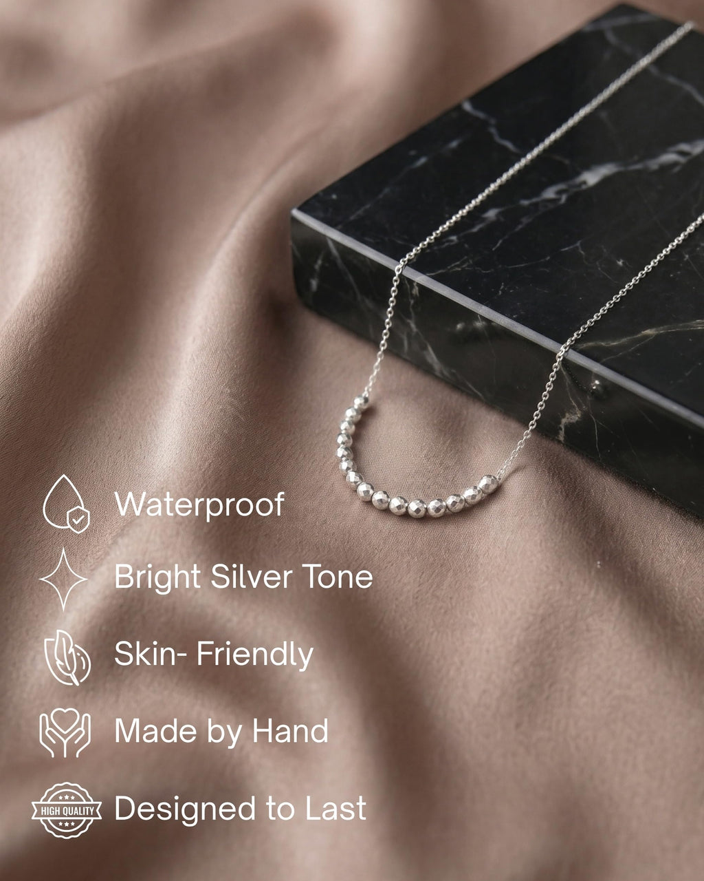 Annika Bella Silver Beaded Necklace for Women, Dainty 16 Faceted Beads Bar Pendant, Waterproof Tarnish Resistant Jewelry, 15" + 2" Extender, Gift for Her