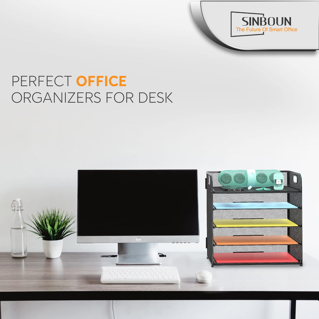 Letter Tray Paper Organizer 5-Tier Desk Organizer File Organizer Paper Holder with Handle, Metal Desktop Document Shelf Tray Office Classroom Organization - Black