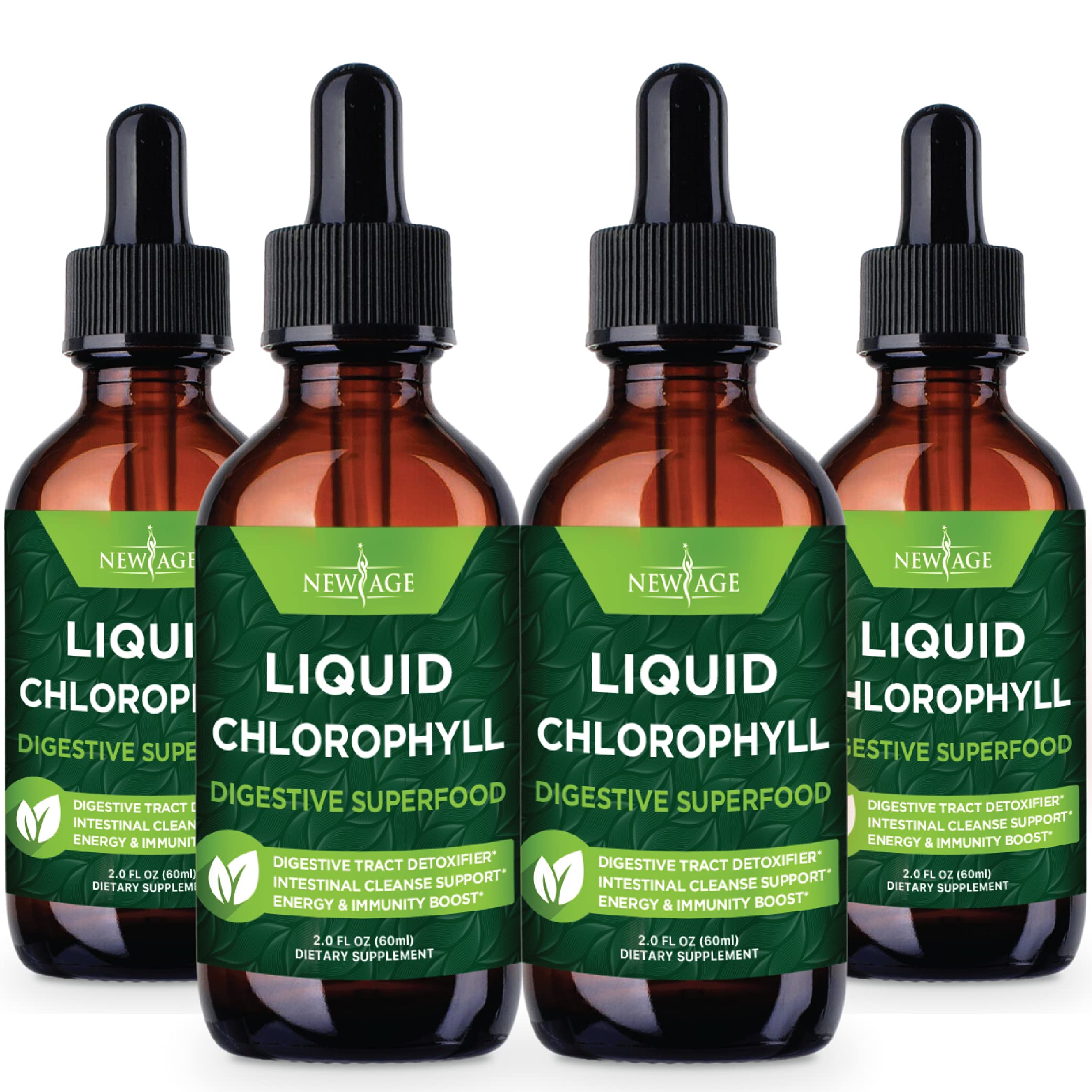 NEW AGE Chlorophyll Liquid Drops - Natural Concentrate – Energy Booster, Digestion and Immune System Supports, Internal Deodorant, Liver Function - (2 Fl Oz (Pack of 4))