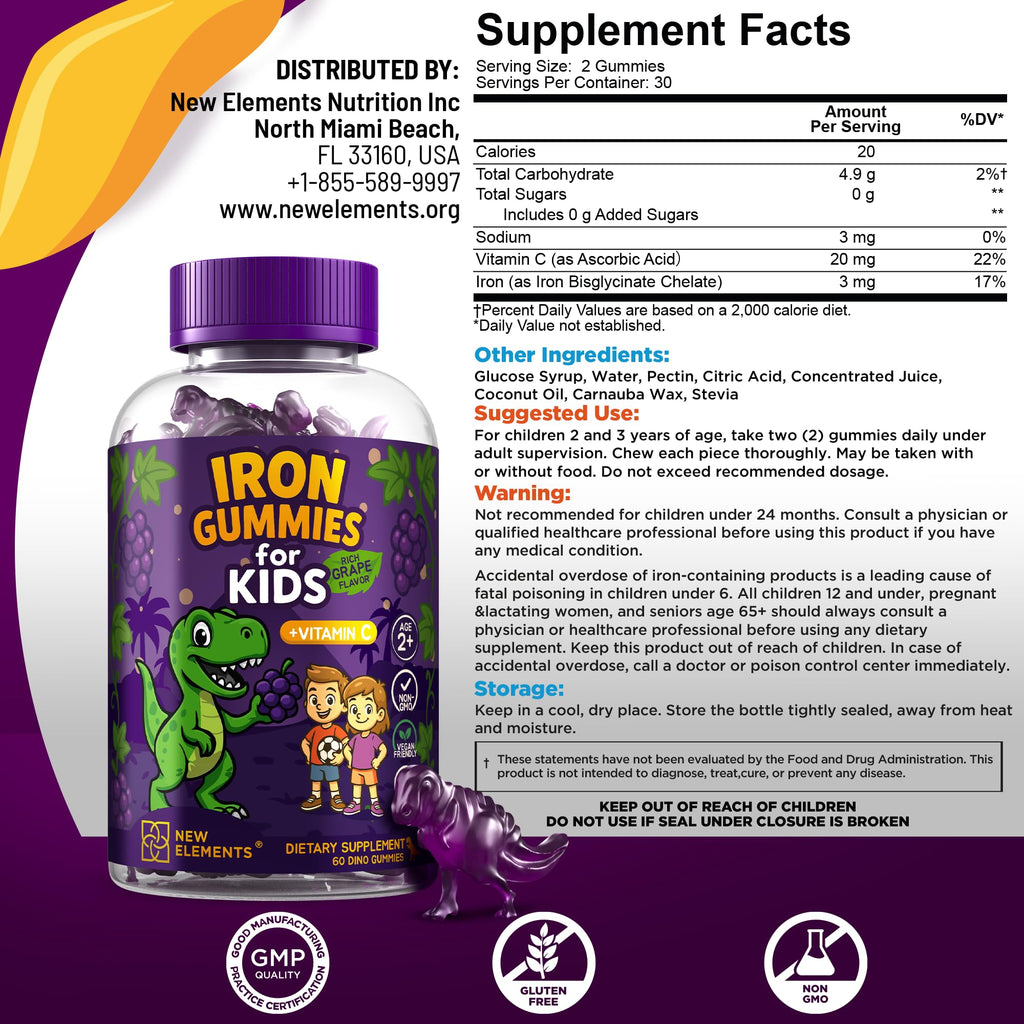 Iron Dinosaur Gummies for Kids with Vitamin C | Sugar-Free, Vegan, Gluten-Free & Non-GMO | Anemia Relief, Energy & Blood Health Support | Grape Flavor, Pectin-Based for Optimal Health (Pack of 2)