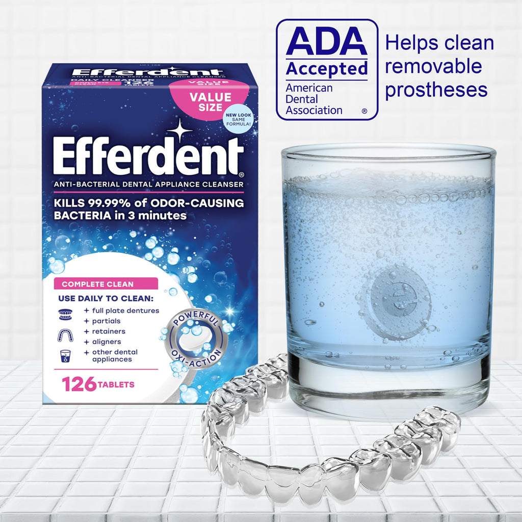Efferdent Denture Cleaner Tablets – Dental Appliances, Aligners, Mouth Guard, and Retainer Cleaner Tablets, Complete Clean, 126 Count