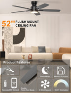 Ohniyou Ceiling Fans with Lights, 52'' Low Profile Ceiling Fan with Light and Remote/APP Control, Modern Flush Mount Ceiling Fan for Indoor Bedroom Living Room, Dimmable, Quiet DC Motor, Black