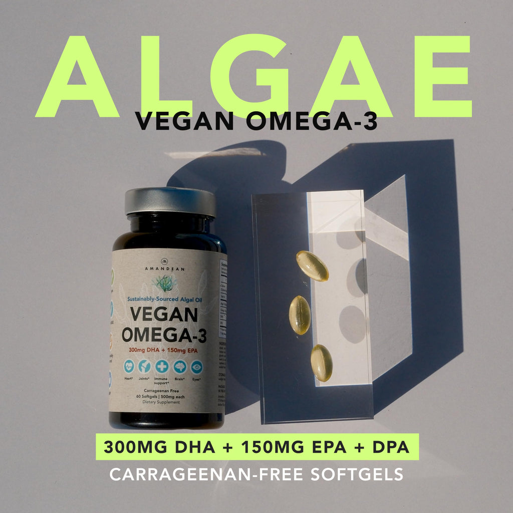 AMANDEAN Vegan Omega 3 Supplement. Premium Fish Oil Alternative. Algae DHA & EPA. Carrageenan Free Softgels. Algal Essential Fatty Acids. Plant Based Heart, Brain, Eye, Skin, Immune Support. (60ct)